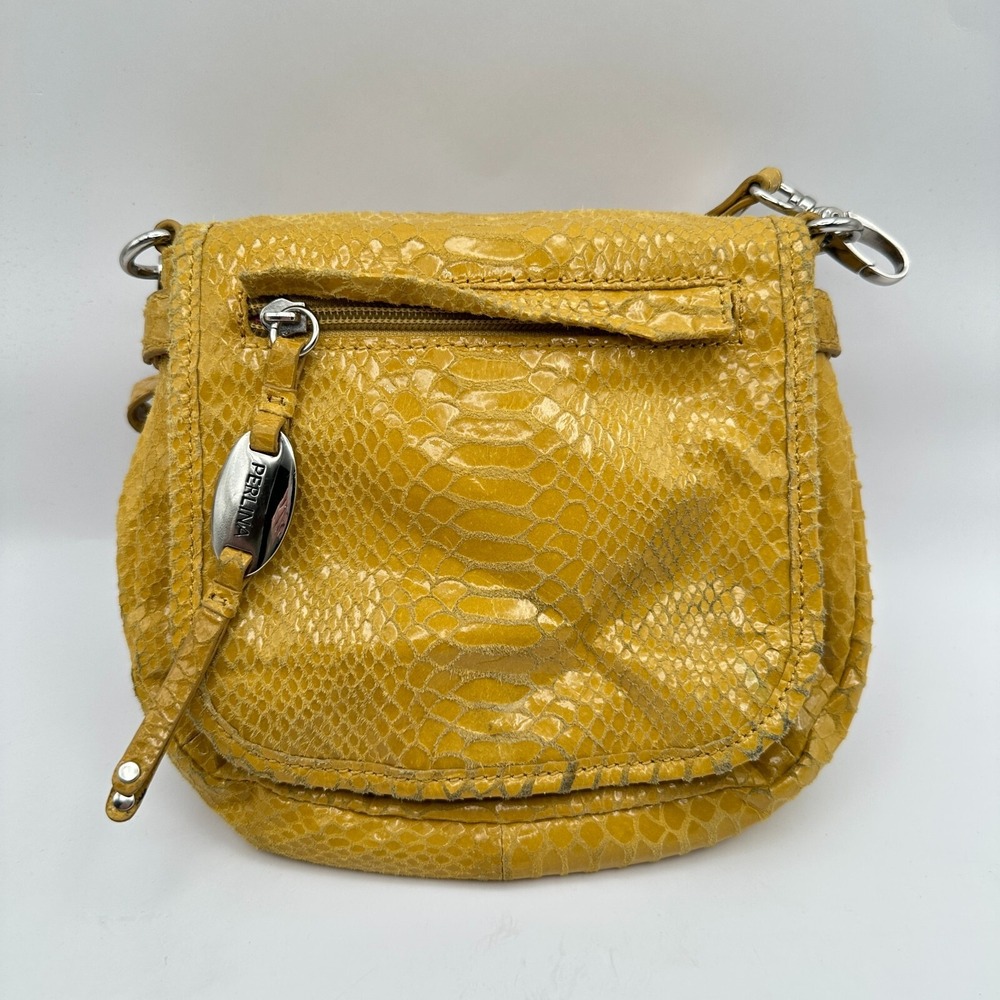 Perlina Crossbody Bag Womens Yellow Leather Snakeskin Embossed Shoulder Strap